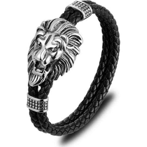 2019New Arrival Men Bracelets Lion Head Stainless Steel Black Double Layer Leather Bracelet Men Wristband Fashion Jewelry Gifts