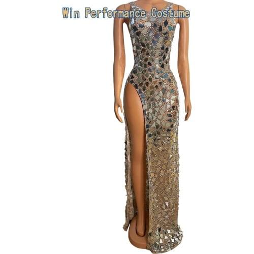 Anniversary Sparkling Silver Glass Flakes Sexy Slit Long Evening Dresses Pageant Cream Tulle Evening Gown Competition Mermaid