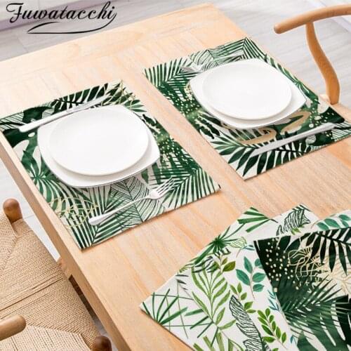 Fuwatacchi Palm Leaf Printed Kitchen Placemats For Dining Table Mats Green Leaves Photo Cup Coaster Home Decor Tableware Napkins