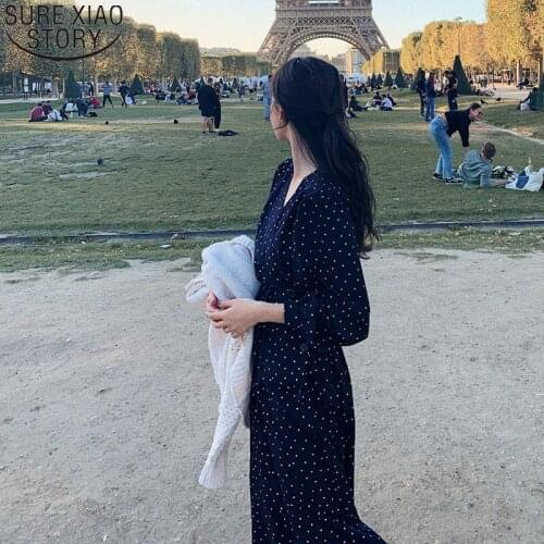 Sweet V-neck Lace A-line High Waist Dot Chiffon Women Dress Autumn and Winter 2020 Long Sleeve Dress Midi Long Dresses 10149