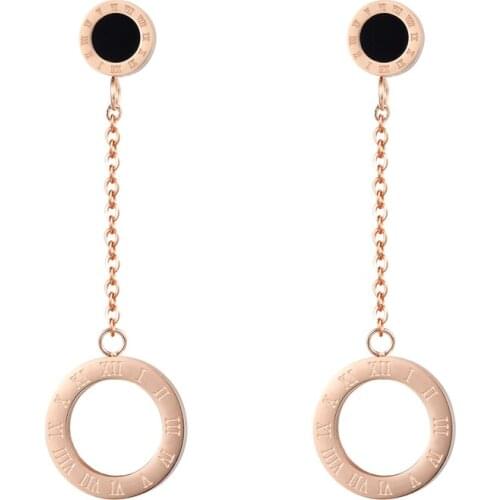 Fashion Two Style Rose Gold Color Earring Enamel Roman Mumeral Hanging Circle And Small Square Hanging Circle Woman Drop Earring