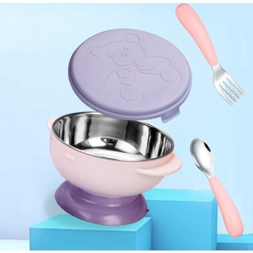 1set Stainless Steel Dinnerware Sets Baby Feeding Bowl for Toddlers Kids Cartoon Anti Falling Thermal Food Set Bowl Spoon Spork