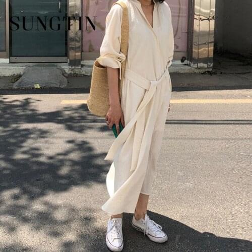 Sungtin Casual Women Long Shirt Dress with Belt Elegant Loose V Neck Chic Female Dress Vintage Spring Vestidos 2021 Korea Sashes