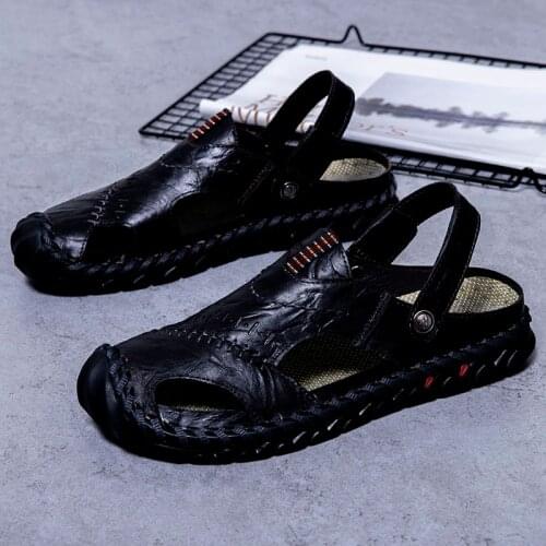 Mens Sandals Genuine Leather Non-Slip Outdoor Beach Sandals Hollow Out Footwear Slippers Summer Comfortable Walking Shoes