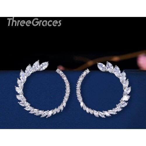 ThreeGraces Women Earring Fashion Jewelry Circle Half Round Leaf Shape Cubic Zirconia Stone Big Stud Earrings For Party ER164