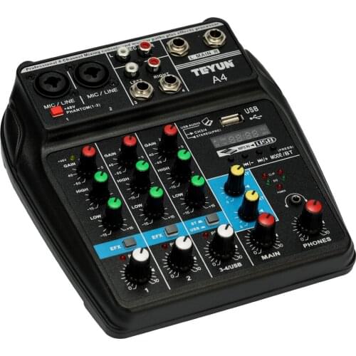 TU04 BT Sound Mixing Console Record 48V Phantom Power Monitor AUX Paths Plus Effects 4 Channels Audio Mixer with USB
