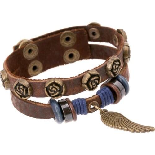 Vintage Wing Rose Beads Bracelet Cuff Alloy Bronze Charm Layer Leather Wristband Handmade Wrap Bangle Retro Fashion Jewelry Gift