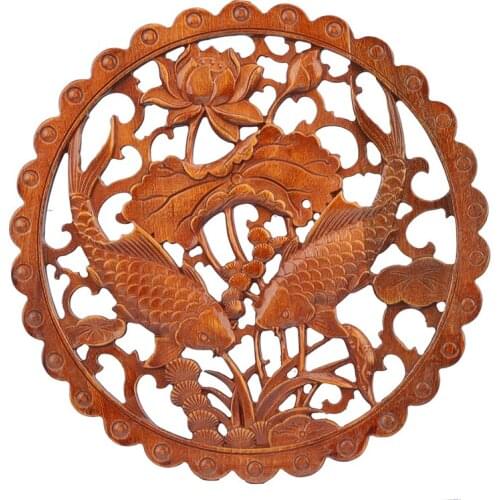 VZLX Wood Carved Applique Frame Corner Onlay Unpainted Furniture Home Door Decor Decoration Accessories Lotus Fish