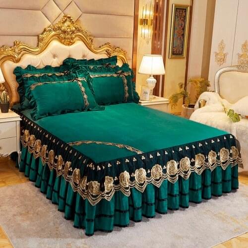 WOSTAR Bedspread on the bed winter warm soft crystal velvet queen king size bed sheet european style wedding lace bed skirts