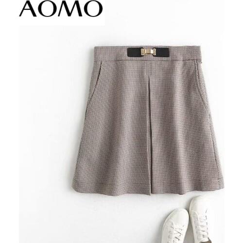 AOMO 2021 autumn winter women plaid pattern thick skirts belt decorate zipper female mini skirt 4C51A
