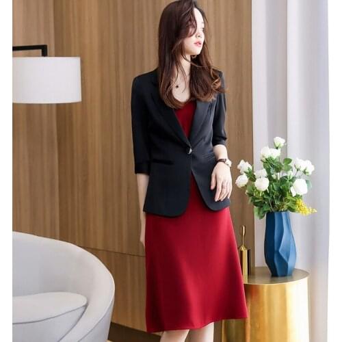 Ladies Black Blazer Women Businiess Suits Dress and Jacket Sets Office Work Uniform Half Sleeve OL Styles