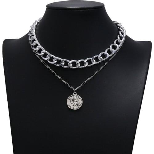 Exknl Queen head coin chain Double-layer Necklace Women Gold Silver Color Fashion Jewelry Vintage Hip hop disco Long Necklace