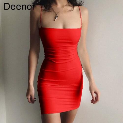 Deenor Mini Dress Women Spaghetti Strap Dress Summer Female High Waist Sheath Club Dresses for Women Short Sleeveless Vestidos