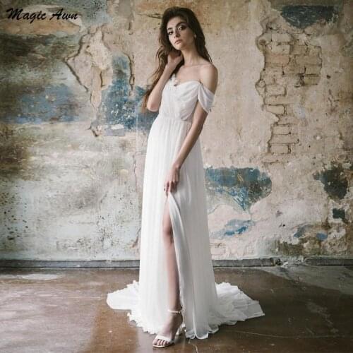 Magic Awn Bohemian Chiffon Wedding Dresses Off The Shoulder Lace Appliques Side Split Beach Wedding Party Dress For Women 2021