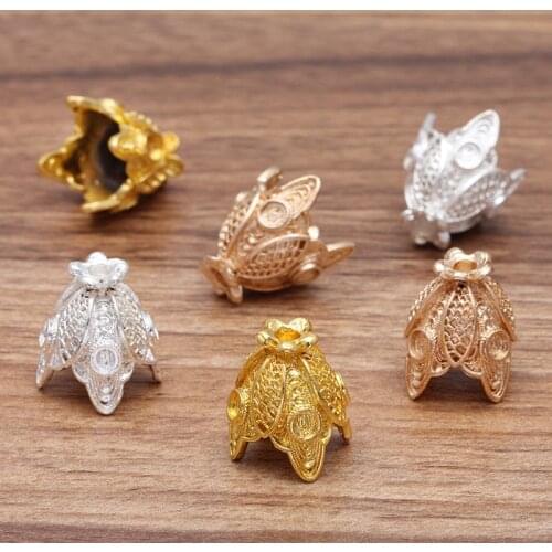 20 PCS 15*21mm Gold Silver Plated Flowers Tassels Cap End Beads Metal Alloy Flowers Bead Cap DIY Accessories For Jewelry Making