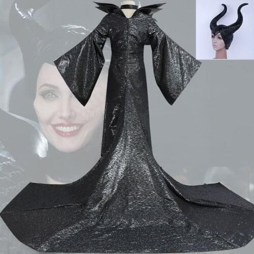 2018 Trendy Dark Witch Sleeping Beauty Maleficent Adult Women Halloween Party Cosplay Costumes Maleficent Witchcraft Dress Horns