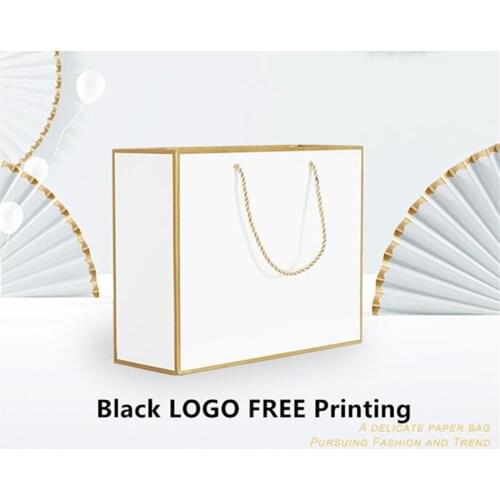 2020 Full NEW Design Logo Free 100PCS/LOT Thickening White Paper Bag With Gold Edge Shopping Bag Paper Gift Bag Carrier Bag