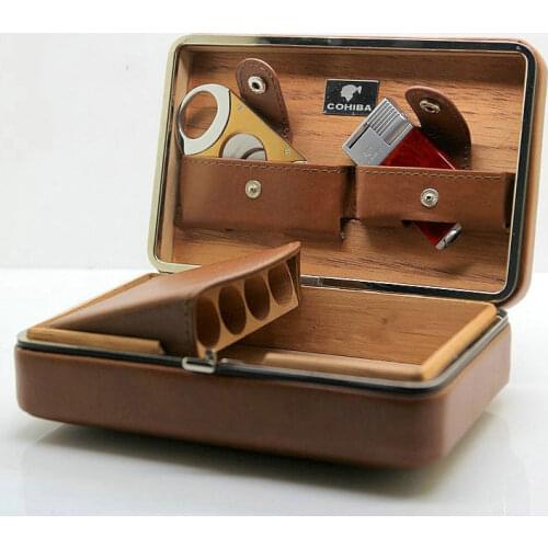 4 Cedar Wood Leather Cigar Case Portable Holder Smoking cigarette Accessories Storage Box Travel Humidor Gifts