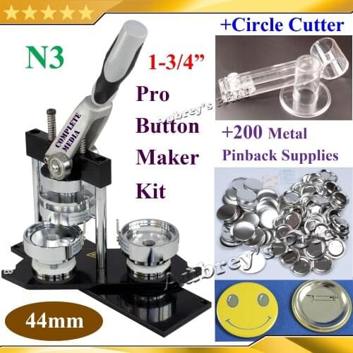 NEW Pro N3 1-3/4":44mm Badge Button Maker Machine + Adjustable Circle Cutter+200 Sets of Metal Pinback Button Supplies