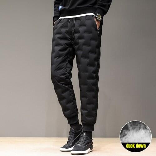 Men White Duck Down Pants Winter Thicken Warm Windproof Trousers Slim Elastic Waist Scratchproof Outdoor Camping Hiking Pants