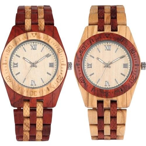 Mens Wooden Watch Wood Strap Quartz Wristwatch Appealing Large Roman Numerals Dial Luminous Pointers