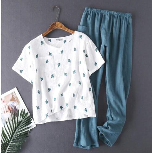 2-piece Set Womens Cotton Pyjamas Water-washed Pijamas Crepe Yarn Short-sleeved Long Pants Sleepwear Home Suit Women Pajamas