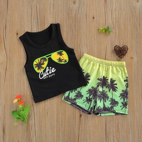 Boys Vest and Shorts Suit Fresh Letter Sunglasses Sleeveless Tops and Coconut Tree Short Pants