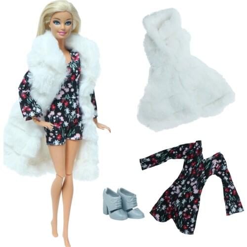 Set Sale Doll Outfit Black Flower Bodysuit + Fur Coat Jacket Grey High Heels Shoes Clothes for Barbie Doll Accessories kids Toy