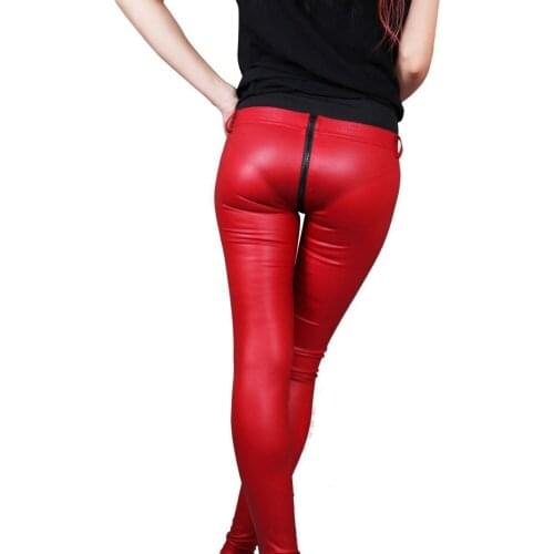 Modern Fashion Solid Zipper Open U Crotch Faux Leather Legging Women Latex PU Individual Pencil Pant Low Waist Sexy Capris Pants