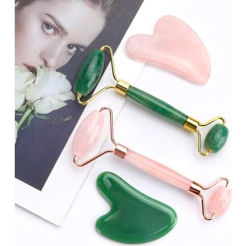 Face Lift Massager Quartz Jade Roller Heart Guasha Scraping Board Facial Massage Natural Jade Stone Roller Skin Care Tools Set