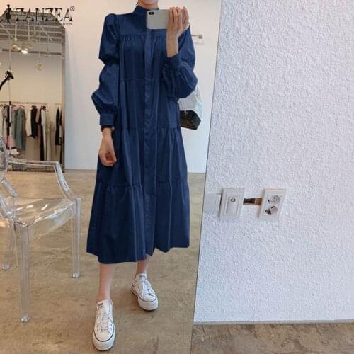 ZANZEA 2021 Women Autumn Midi Dress Ladies Vintage Puff Sleeve Vestidos Stiching Sundress Oversized Casual Solid Robe Femme