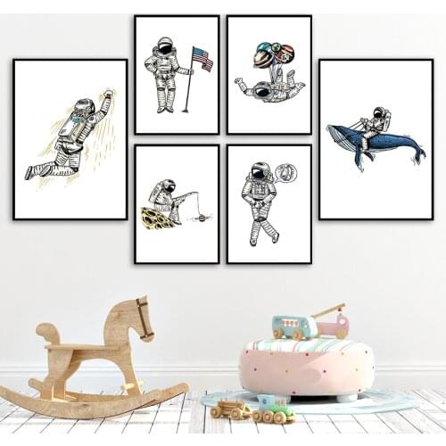Cartoon Astronaut Whale Balloon Flag Nordic Posters And Prints Wall Art Canvas Painting Wall Pictures For Baby Kids Room Decor