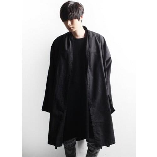 Mens Japanese Hefeng casual loose linen long open jacket trend versatile coat
