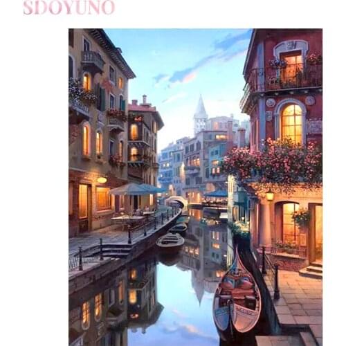 SDOYUNO DIY painting by number kit with frame for adult Venice night landscape HandPainted oil art supplies acrylic paints set