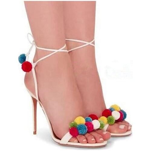 Colorful fur balls charming ankle strap high heel sandals open toe suede stiletto heel summer shoes dress sandal