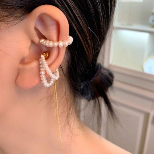 French Retro Simulated Pearl Tassel Earrings for Women Ladies 2020 Gold Color Metal Multi Pearls Clip Earrings Wedding Jewelry