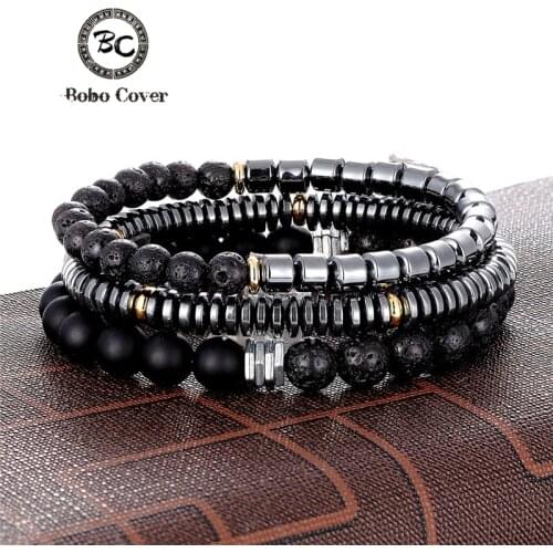 Luxury 3/4pcs 1 Set Vintage Matte Hematite Beads Bracelets Men Cool Geometry Stone Charm Bracelet Homme Pulseira Dropshipping