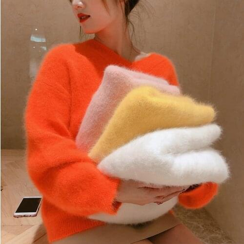 Thick Winter Warm Long Hair 100% Soft Natural Mink Cashmere Sweater Women Autumn Pullovers V Neck Sweaters tbsr698