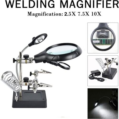 Welding Magnifying Glass With LED Light 2.5X-10X Lens Auxiliary Clip Loupe Desktop Magnifier For Soldering Repair