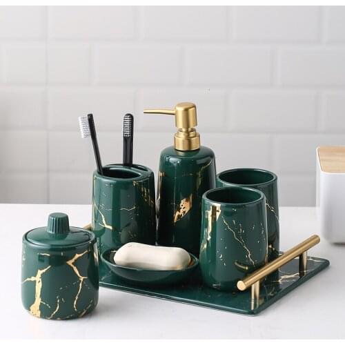 Green Ceramic Bathroom Accessories Marble Textured Soap Dispenser Gold Line Inlay Bathroom Kit Bath Washing Accessaries
