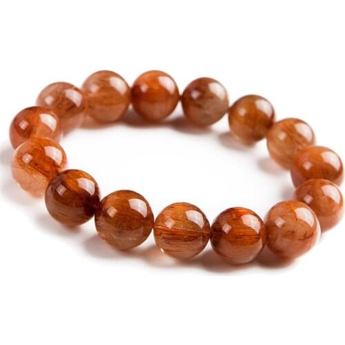 Genuine Natural Copper Hair Rutilated Quartz Crystal Women Lady Charm Round Bead Bracelet 15mm