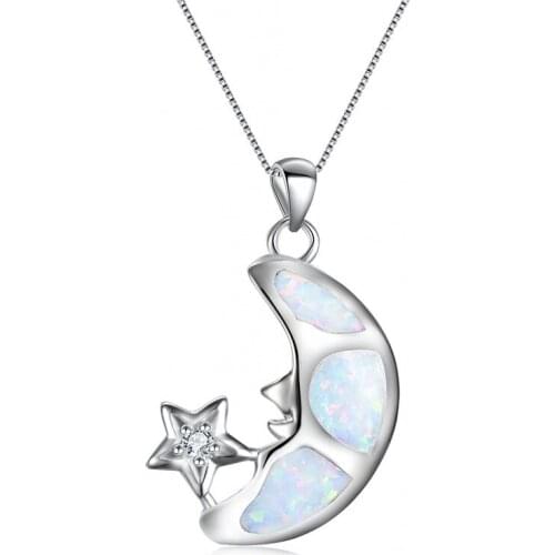 Boho Female Blue Opal Pendant Necklace Dainty Zircon Chain Necklaces For Women Charm Bridal Star Moon Wedding Necklace