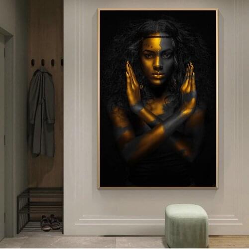 Gold Sexy African Nude Woman Canvas Paintings On the Wall Art Posters And Prints Black Girl Canvas Art Pictures For Living Room