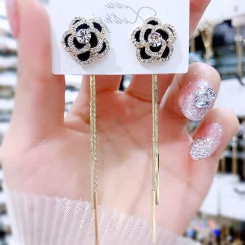 2021 Fashion Rose Earrings Temperament Flower Earrings Long Tassel Crystal Earrings Women Wedding Engagement Jewelry Party