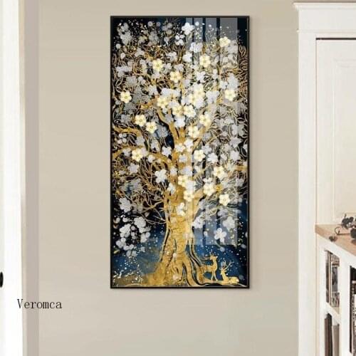 Abstract Golden Tree Flowers Canvas Painting Flowing Big Paint Deer Poster for Living Room Aisle Office Nordic Wall Art Decor