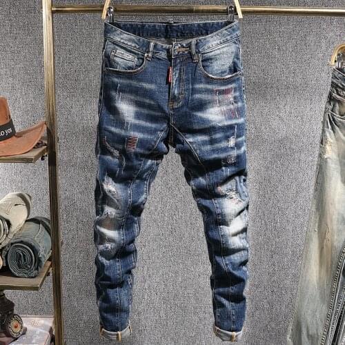 European Street Fashion Men Jeans Retro Blue Elastic Slim Ripped Jeans Men Embroidery Patch Designer Hip Hop Denim Pencil Pants