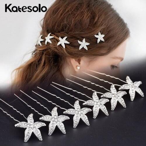 Katesolo 10Pcs / Set Luxury Headwear Starfish Hair Jewelry Silver Color Mosaic Crystal Hair Clip Wedding Bridal Hairpins Girls