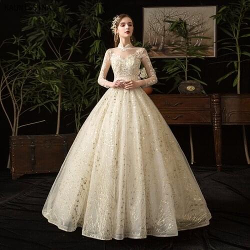 KAUNISSINA Vintage Court Wedding Dress Women High Collar Appliques Floor-Length Luxury Tulle Ball Gown Champagne Bridal Dresses