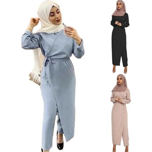 Muslim Evening Jumpsuit Dresses With Belt Long Sleeve Women Arabic Caftan Prom Dress With Pant Suit One Piece Islamic Ramadan