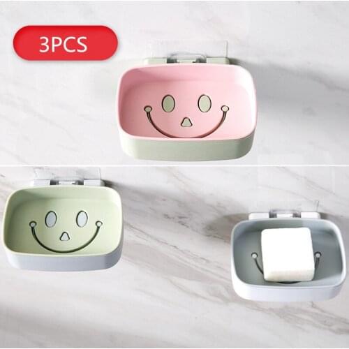 Soap Dish Suction Cup Drain Soap Box Holder Wall-mounted Smiley Bathroom Punch-free Soap Case Tray Plastic Storage Container 3pc